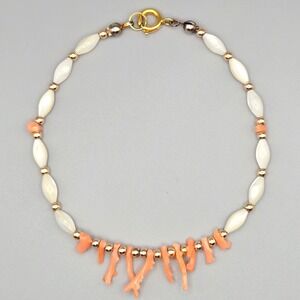 Vintage Salmon Coral Branch Mother of Pearl Rice Bead Bracelet Gold Tone 7.5"